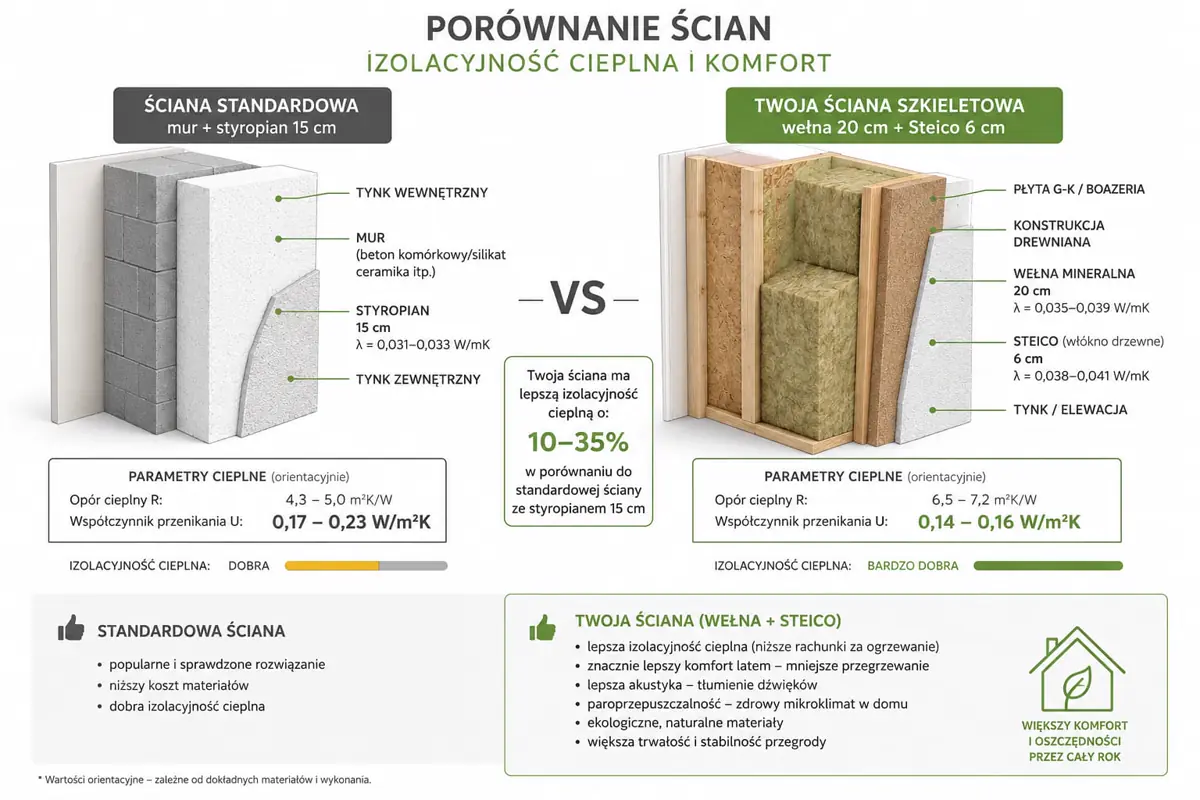 Porównanie ścian: ściana standardowa z muru i styropianu 15 cm względem ściany szkieletowej z wełną 20 cm i płytą Steico 6 cm.
