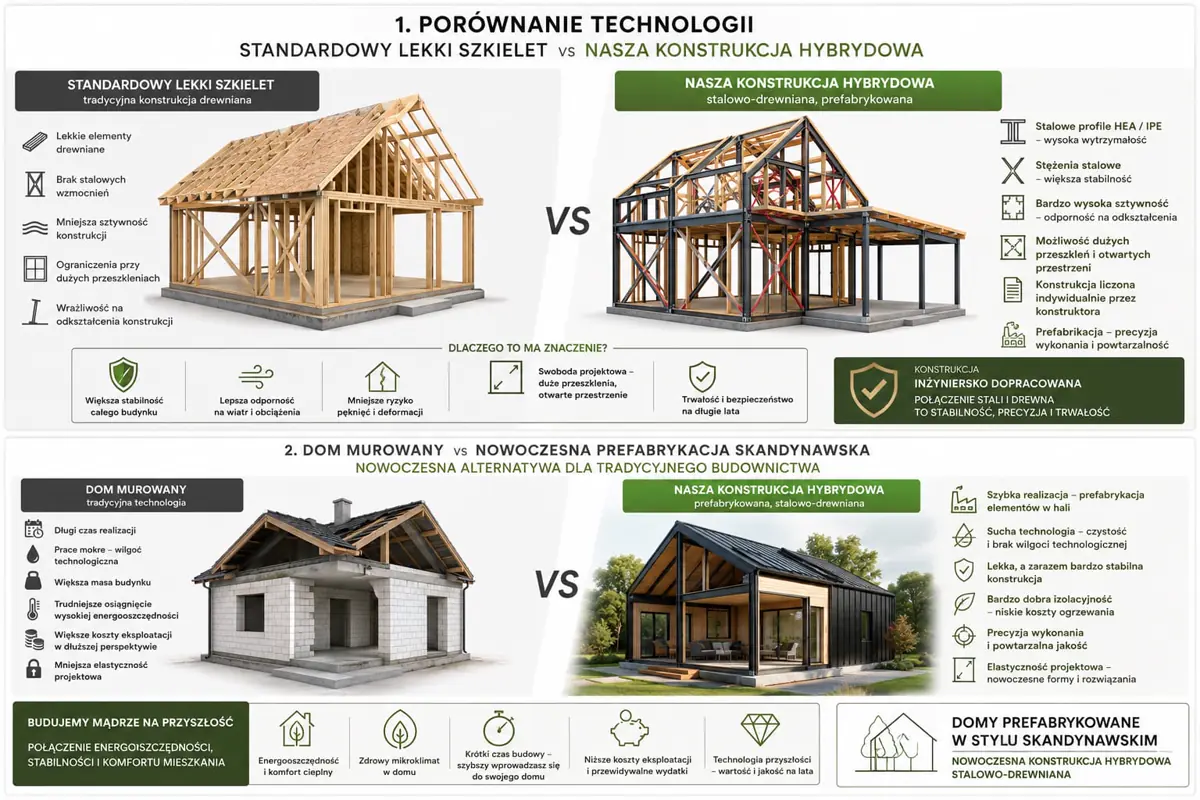 Porównanie technologii budowy: lekki szkielet względem konstrukcji hybrydowej stalowo-drewnianej oraz dom murowany względem prefabrykacji.