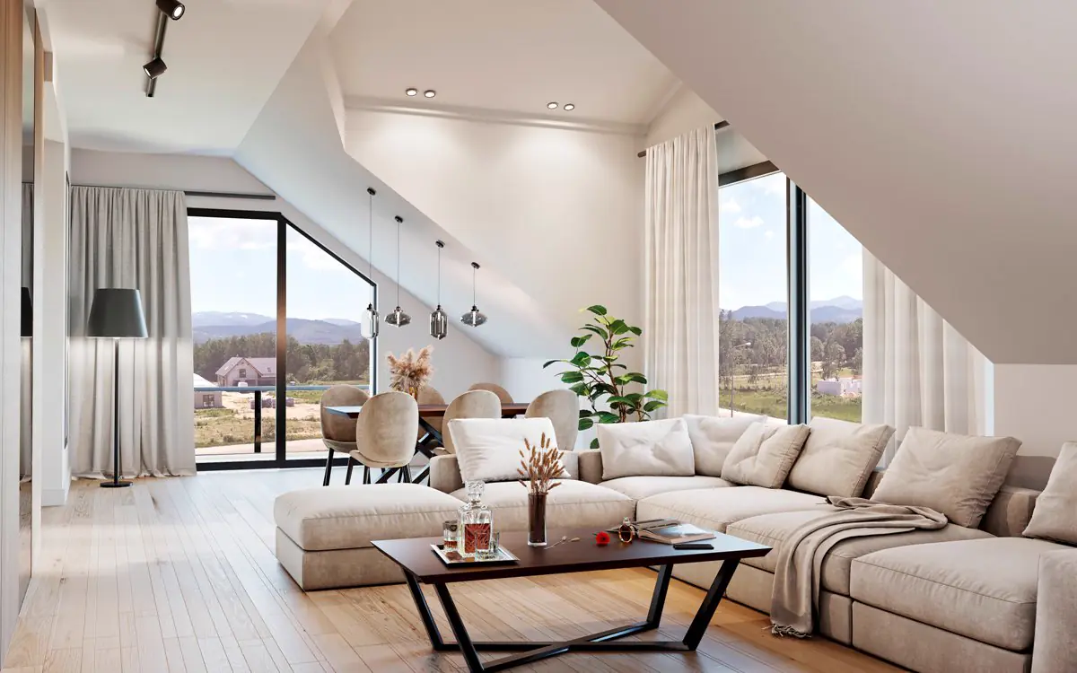 Wnętrze domu modułowego - salon otwarty z regipsami prefab