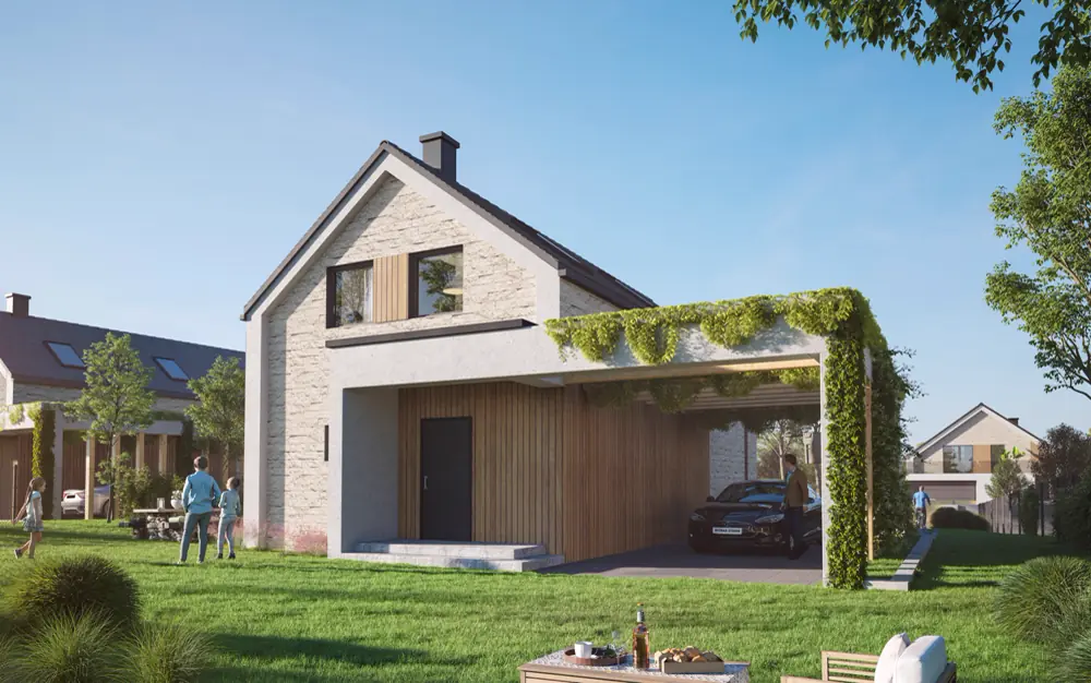 Dom modułowy - widok z boku na ogród 1 139 m²